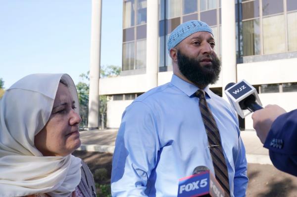 Adnan Syed and his mother Shamim Rahman talk with reporters as they arrive at Maryland's Supreme Court in Annapolis, Md., Thursday, Oct. 5, 2023.