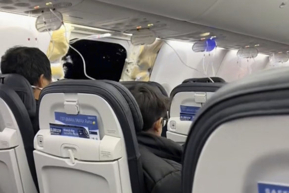 A passenger’s view from inside the Alaska Airlines aircraft on January 5, showing the blown-out panel.